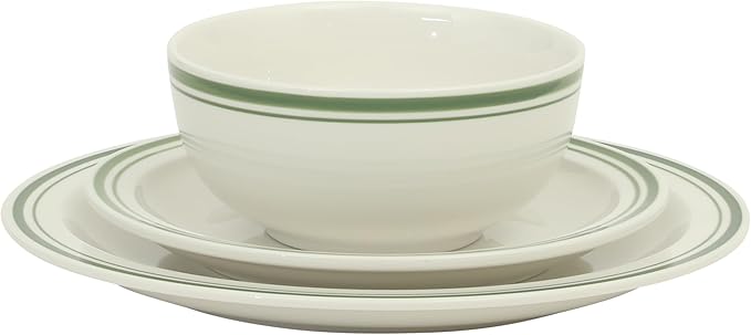 Gibson Home Hometown Diner 12-Piece Porcelain Dinnerware Set Round Plates and Bowls Set for 4 White with Green Rim Dishwasher Safe – Dinner Plate Salad Plate &amp Cereal Bowl