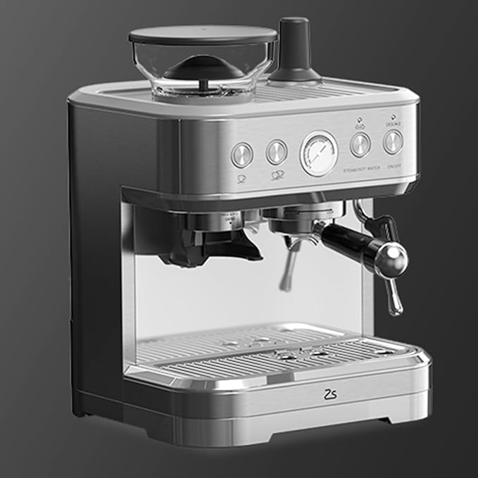 Espresso Machine 15 Bar Coffee Machine with Built-in Grinder Stainless Steel Coffee Maker with Steam/Hot Water Home Coffee Latte Machine with 1 &amp 2 Shot Buttons and Descale Indicator Silver Pl