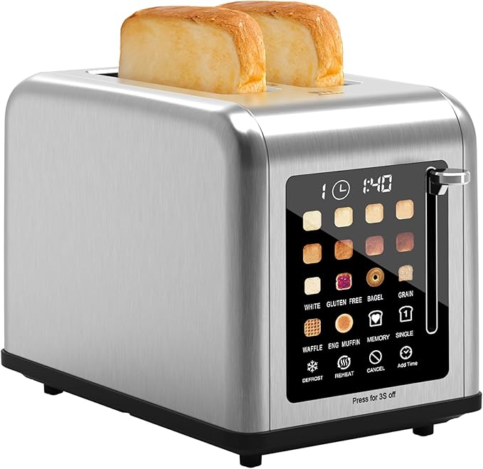 2 Slice Toaster Touch Screen Stainless Steel Toasters Digital Timer 2 Slot Toasters 8 Shade Settings 6 Bread Types for Bagel Cancel Defrost（Stainless Steel）