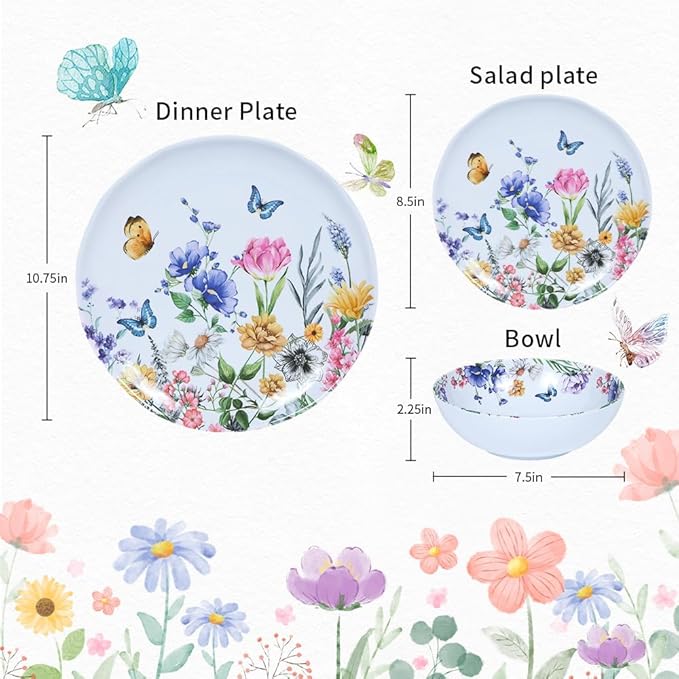 12 Piece Melamine Dinnerware Sets - Plates And Bowls Sets Floral Dinnerware Sets- Spring Camping Dishs Indoor Outdoor UseFlowers And Butterflies Pattern