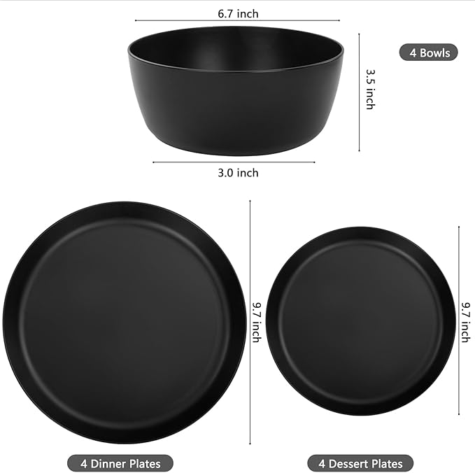 EI 12pcs Wheat Straw Dinnerware Set of 4Plates and Bowls SetsPlastic Plate Reuasble UnbreakableHeavy Duty Plastic Plates for CampingPicnincFamily Dinner
