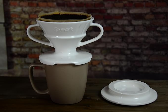 Pour Over Ceramic Coffee Dripper Set V Shape #2 Ceramic Dripper + Dripping Tray (Double Handle)