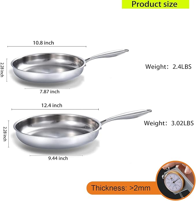 DELARLO Tri-Ply Stainless Steel Pan 18/10 Frying Pan Oven Safe Up to 600°F Nontoxic Cookware Compatible with All Cooktops Skillet Durable Fast Even Heat Fry Pan10+12 inch Pan