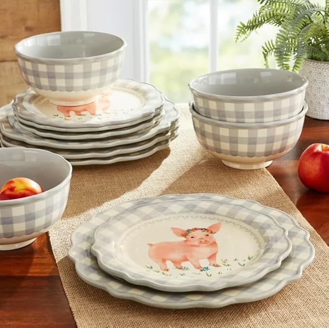 Pig Gingham 12-Piece Ceramic Dinnerware Set