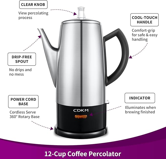 Classic 12 Cup Percolator PC-9822 Stainless Steel with keep warmcordless service (Brushed Finish)