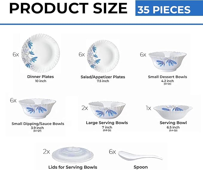Borosil Gourmet Dinnerware Set For 6 35 Pieces White Dinner Plates and Bowls Sets Chip Resistant Tempered Opal Glass Stain Resistant Dishwasher &amp Microwave Safe Dinner Set For Gifting Serves