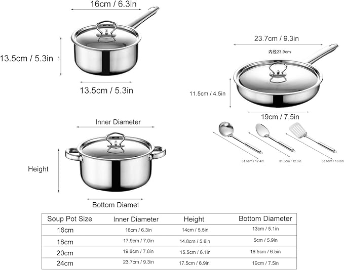9Pcs Stainless Steel Cookware Set Exquisite Long Lasting Non Slip Pots and Pans Set with Soup Pot Saute Pan Lids Kitchen Cookware Sets with Soup Pot &amp Saucepan for Home Cooking