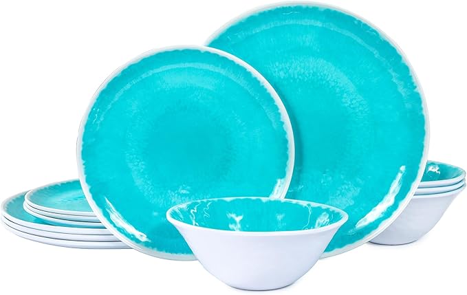 Melamine Dinnerware Sets 12 Pcs Melamine Plates and BowlsParty Plates and Bowls Sets Camping Dishes Set for 4 Unbreakable BPA Free Dishwasher Safe （Lake Green）