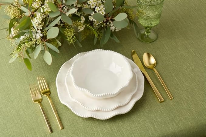 Perlette Off-White Beaded 12-Piece Dinnerware Set – Includes 4 Dinner Plates 4 Salad Plates 4 Bowls (7.5 x 2 22 oz) – Elegant Unbreakable Melamine Heavyweight Perfect for Indoor/Outdoor Dining