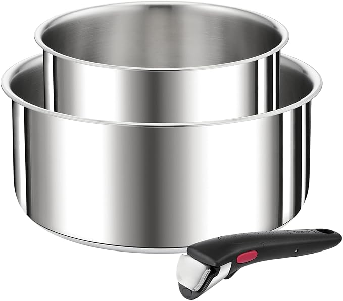 TEFAL Ingenio Set of 3 Saucepans 16/20 cm + Removable Handle Stackable Stainless Steel Induction Versatility Space Saving Preference L9739302 Silver