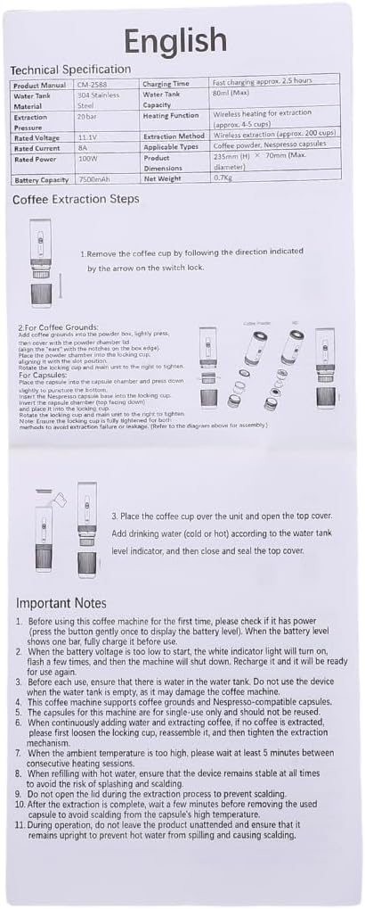 Portable Coffee Maker with Grinding and Capsules 20BAR Pressure Battery Fast Heating for Travel Office Home (White)