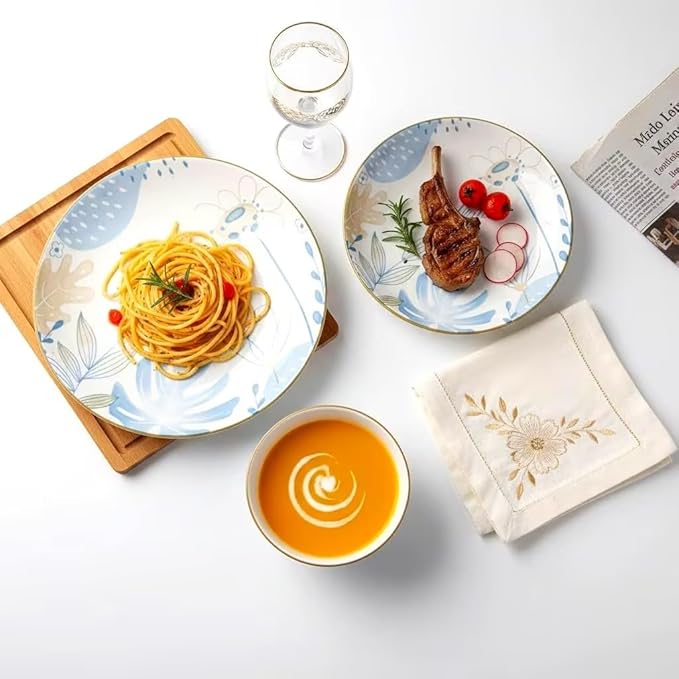 HUHUI Ceramic Dinnerware Sets Service for 4 12-Piece Scratch Resistant Dish Set Microwave and Dishwasherl SafeBlue Floral Ceramic Dinnerware Set sunflower floralblue