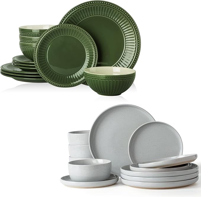 Famiware 24 Pieces Dinnerware Sets Dishes Set for 4 Dark Green &amp Light Gray