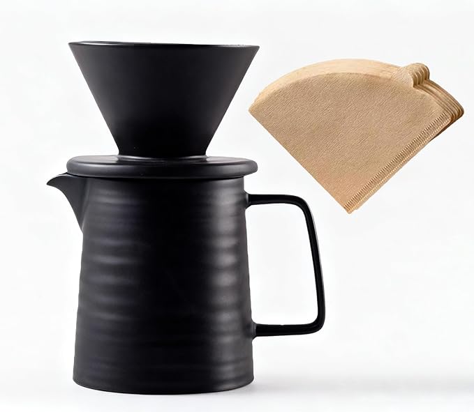 BeeCa Premium Black Ceramic Pour Over Coffee Maker Set 17oz/500ml V60 Brewer Retains Optimal Heat &amp Flavor Includes Paper Filters Home Office Cafe Multi-Serving