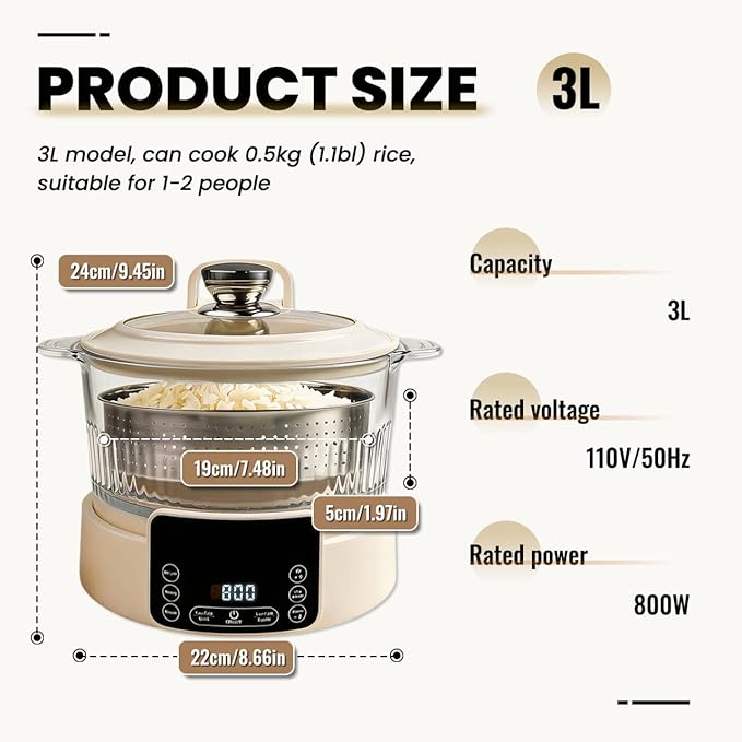 Low Carb Rice Cooker Multifunction Smart Rice Cooker Transparent and Visible food Steamer with Auto Lift Filter Basket (3L)