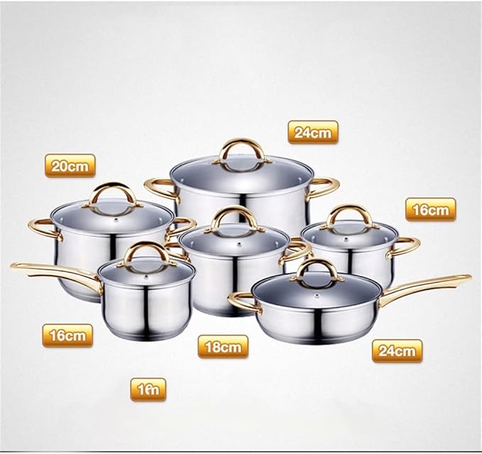 Cooking Pot Frying PanCooking Tools 12 Piece Set Stainless Steel Cookware Set Kitchen Cookware Set Pots Pots &amp Pans Glass Lid (A