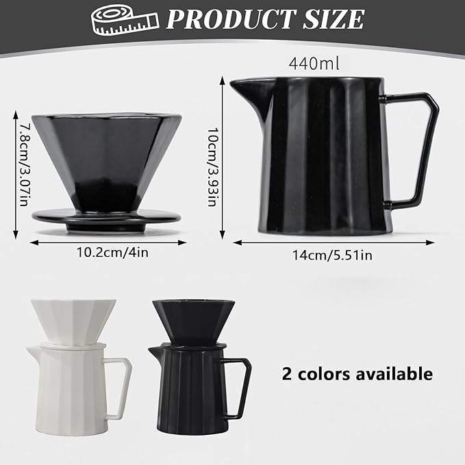 Pour Over Coffee Maker Set Premium Ceramic Coffee Dripper with 15oz/450ml Capacity Manual V60 Style Coffee Maker Ideal for Home Office and Travel (White)
