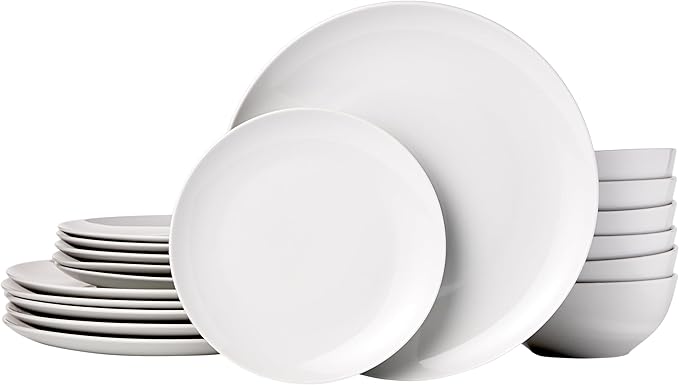 Amazon Basics 18-Piece Complete Kitchen Dinnerware Set Microwave and Dishwasher Safe Plates Dishes Bowls for Everyday Use Service for 6 White Porcelain Coupe