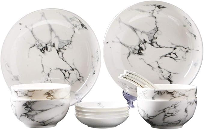 14 Pieces Marble Pattern Dinner Set White Grey Ceramic Tableware