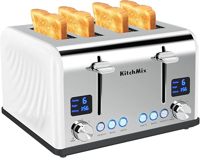 Toaster 4 Slice KitchMix Bagel Stainless Toaster with LCD Timer Extra Wide Slots Dual Screen Removal Crumb Tray (White)