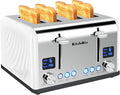 Toaster 4 Slice KitchMix Bagel Stainless Toaster with LCD Timer Extra Wide Slots Dual Screen Removal Crumb Tray (White)
