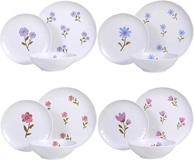 12-Piece Melamine Dinnerware Set Unbreakable Plates and Bowls Set for Outdoor Camping Picnic Party Service for 4 Shatterproof &amp Lightweight Floral Dining Dishes Set Blue Purple Red Pink