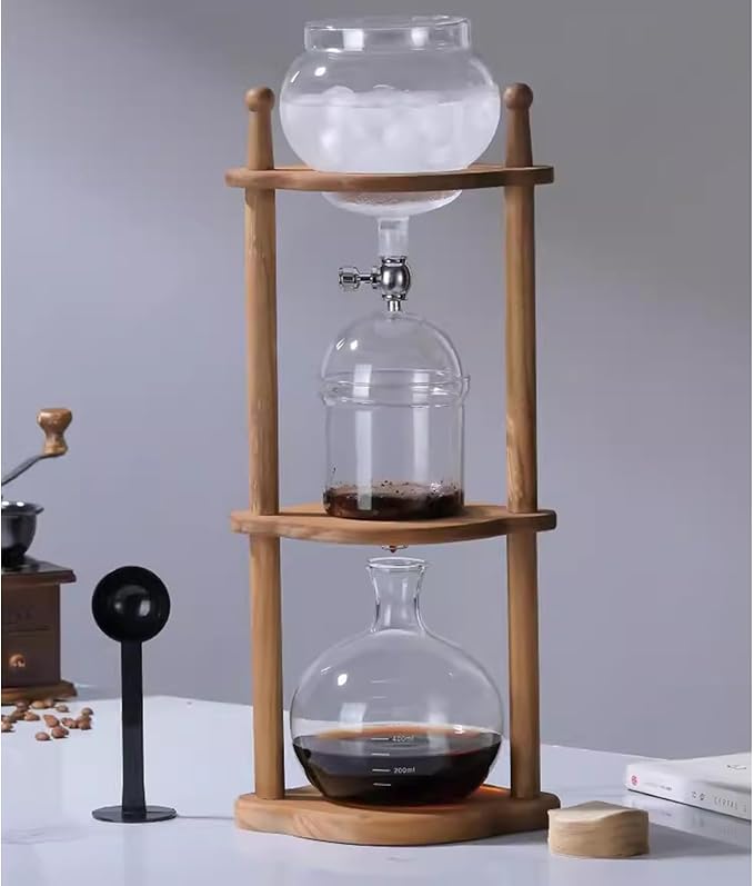 Cold Brew Drip Tower 800ml Manual Iced Coffee Makers with Slow Drip Technology with Adjustable Dripper Wooden Bracket for Home Offices Coffee Shops