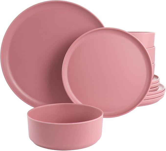 12 Piece Round Dinnerware Set in Pink Pieces Solid Casual