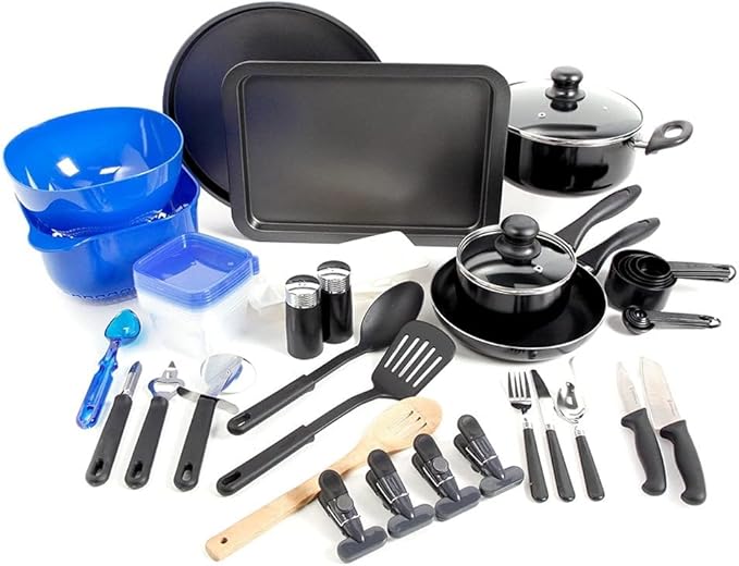 Total Kitchen 59 Piece Combo Set – Complete Cookware Bakeware Utensils and Storage Essentials for First Apartments Dorms and RVs