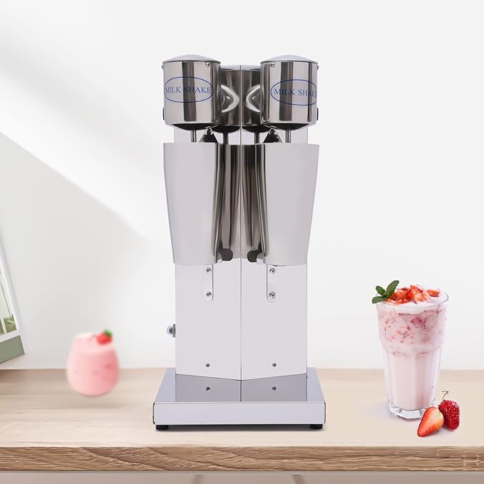 Electric Double Head Milk Shaker180W Stainless Steel Silver Commercial Drink Mixer With 2CupIce Shovel＆Cleaning BrushInfinitely Variable Speed Smoothie Malt For Cocktail Tea Coffee
