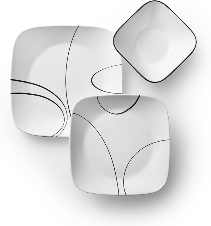 Corelle 18-Piece Service for 6 Dinnerware Set Triple Layer Glass and Chip Resistant Lightweight Square Plates and Bowls Set Simple Lines