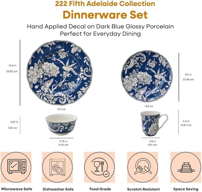 222 Fifth Adelaide 16-Piece Dark Blue Porcelain Dinnerware Set – Service for 4 Plate Bowl &amp Mug Set Bird &amp Floral Design Everyday Big Dinner Plates and Bowls Sets Microwave &amp Dishwash