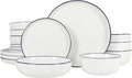 Gibson Home Oslo 16-Piece Porcelain Ceramic Chip &amp Scratch Resistant Dishes Microwave &amp Dishwasher Safe Plates and Bowls Dinnerware Set White w/Blue Rim