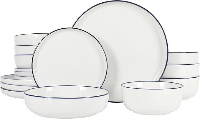 Gibson Home Oslo 16-Piece Porcelain Ceramic Chip &amp Scratch Resistant Dishes Microwave &amp Dishwasher Safe Plates and Bowls Dinnerware Set White w/Blue Rim