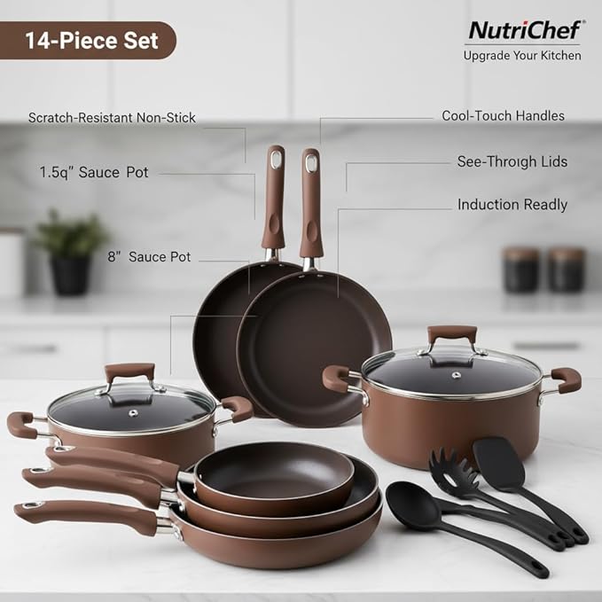 NutriChef 14-Piece Nonstick Brown Cookware Set - Scratch-Resistant Kitchen Pots and Pans with Lids &amp Utensils For All Cooktops - NCCW14SBR