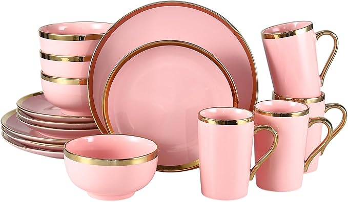 Modern Porcelain 16 Piece Pink Dinnerware Set Stoneware Dinnerware Sets for 4Plates and Bowls Sets Dinnerware with Gold Trim Gold Dish SetPink and Golden Rim.