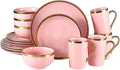 Modern Porcelain 16 Piece Pink Dinnerware Set Stoneware Dinnerware Sets for 4Plates and Bowls Sets Dinnerware with Gold Trim Gold Dish SetPink and Golden Rim.