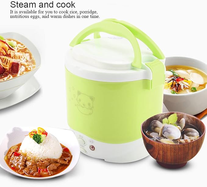 24V 140W 1L Electric Portable Multifunctional Rice Cooker Food Steamer for Trucks Easy to Carry Material with Double Safety Buckle (Green)