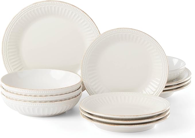 Lenox 891196 French Perle Groove White 12-Piece Pasta Bowl Dinnerware Set Service For 4