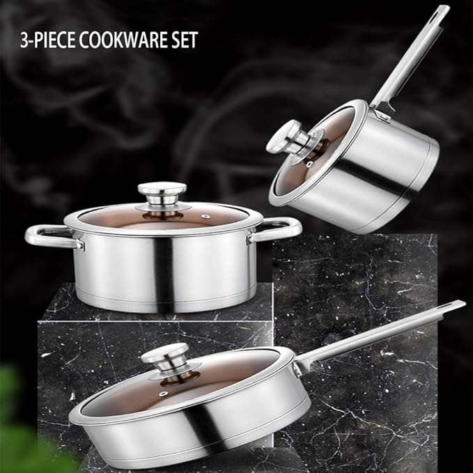 Cookware-Set 3-PieceCooking Pot Set with Glass-Lids All Types of Cookers Induction Gas Ceramic Electric (1Soup Pot 1Milk Pan1 Frying Pan) Stock Pot Variety Pack