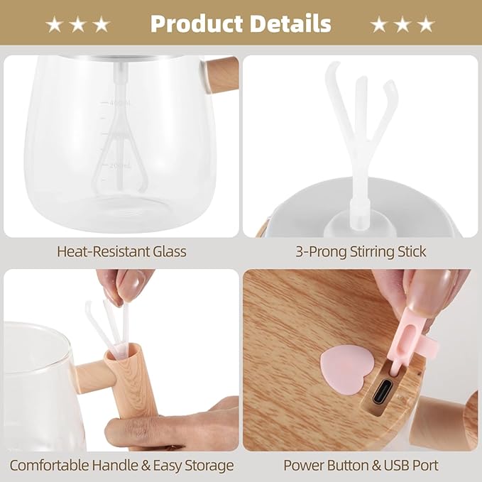 400 Ml Auto Stirring Glass Cup for Mixed Milk Juice 2 Pcs Self Mixing Glass Coffee Mugs Handle &amp Lid with Automatic Electric Mixing Cup Rechargeable Rotating Blender Portable