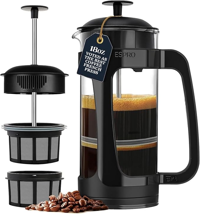 ESPRO P3 French Press Coffee Maker – Patented Double Micro-Filter for Grit-Free Brew Heat Resistant thicker Borosilicate Glass Coffee press – (18 oz)