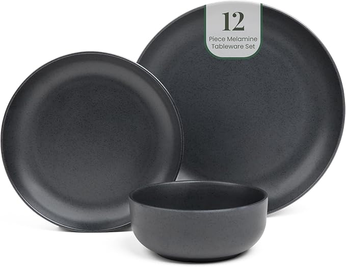 Larder &amp Vine 12-Piece Melamine Dinnerware Set: Durable Lightweight Break-Resistant Plates &amp Bowls – Stylish Non-Toxic Dishwasher Safe – Ideal for Everyday Use Indoor &amp Outdoor Dining
