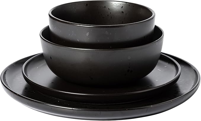Gibson Elite James Street Stoneware Matte Reactive Double Bowl Dinnerware Set - Pepper Black Service for 4 (16pcs)