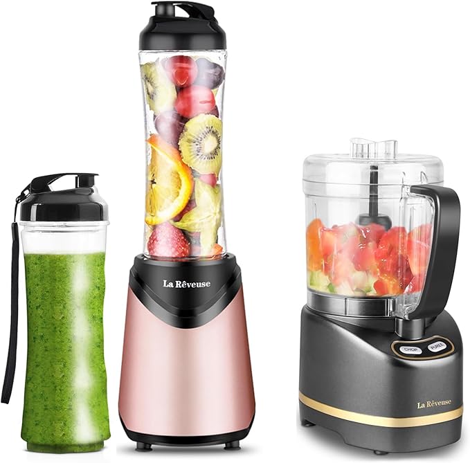 La Reveuse 300W Personal Size Blender (Pink) + La Reveuse 2-Cup Mini Food Chopper (Metallic Grey)