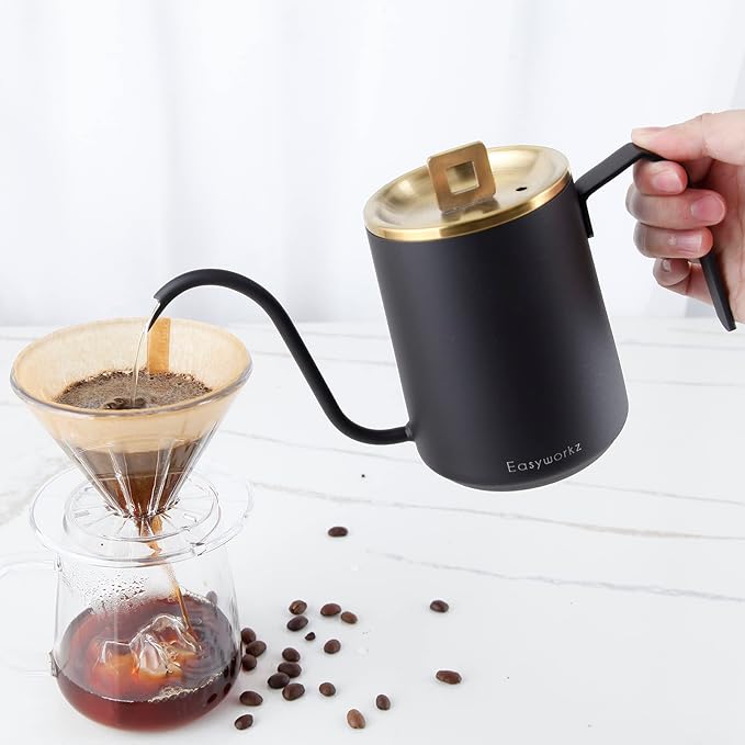 Easyworkz Gooseneck Pour Over Coffee Kettle 20 oz Stainless Steel Hand Drip Coffee Pot With Long Narrow Spout Brass Gold Black