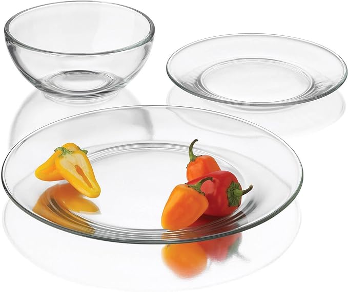 Libbey Round 12 Piece Glass Dinnerware Set Stackable Glass Plate and Bowl Set w/Round Shape Modern Plates and Bowls Sets for Gatherings and Everyday Use