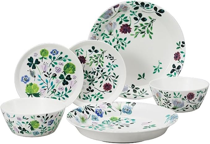 Narumi 96604-23137P Dinnerware Set Green Floral Pattern Cute 2 Patterns Set of 6 Pieces Microwave Heater Dishwasher Safe Gift Box Included