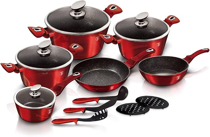 Berlinger Haus Kitchen Cookware Set 3-Layer Marble Coating with Ergonomic Soft - Touch Handle Turbo Induction Based Elegant Design &amp Eco Friendly PFOA Lead Cadmium Free | 15-Piece Burgundy Color