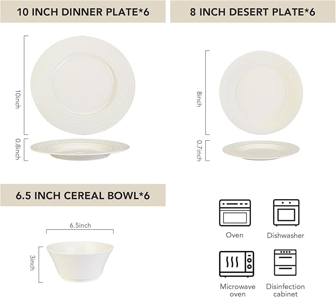 18-Piece White Ceramic Dinnerware Set - Relief Series Service for 6 Includes Bowls &amp 8''/9.6'' Plates Glossy Finish